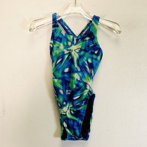 Vintage Speedo‎ Swimsuit XS One Piece Blue Green Vivid Open Back Curvy Stretch